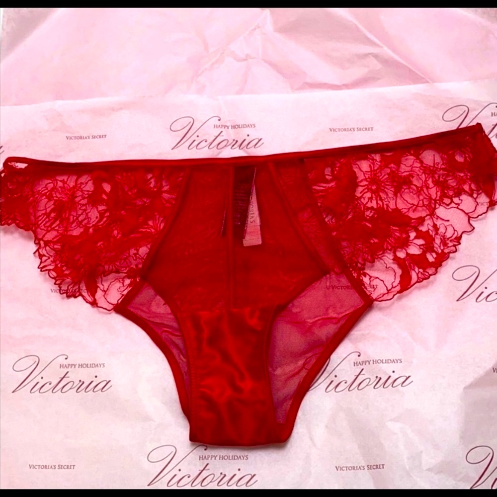Victoria Secret VS LUXE Mesh & Lace Cheekini Panty. Red. Large.